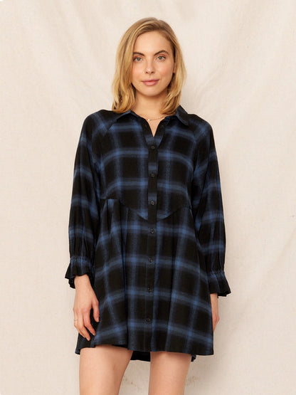 Plaid Button Dress in Navy