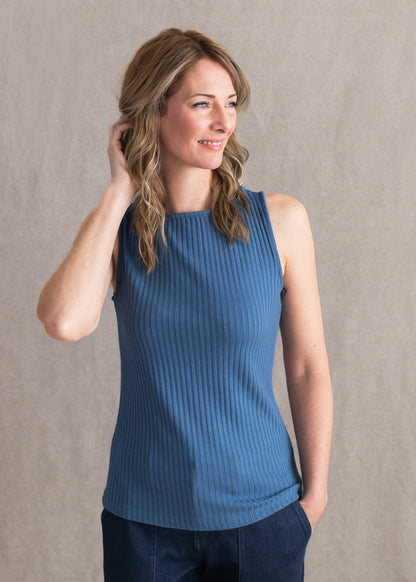 Sleeveless Boatneck Rib Knit Top in French Blue | Liverpool