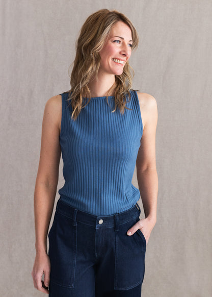 Sleeveless Boatneck Rib Knit Top in French Blue | Liverpool