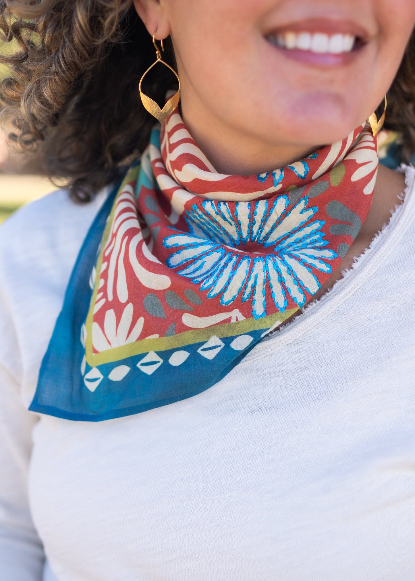 Turquoise & Rust Cotton Square Scarf