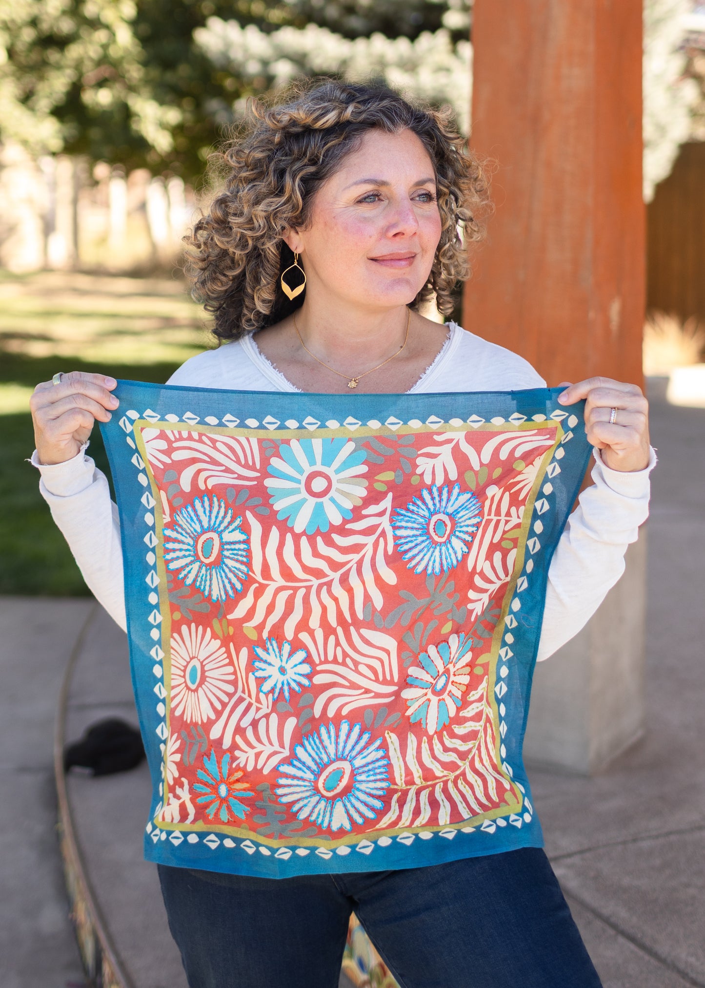 Turquoise & Rust Cotton Square Scarf