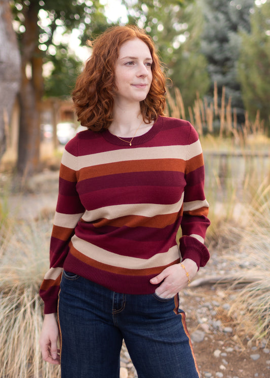 Long Sleeve Crew Sweater in Burgundy Stripe | Liverpool