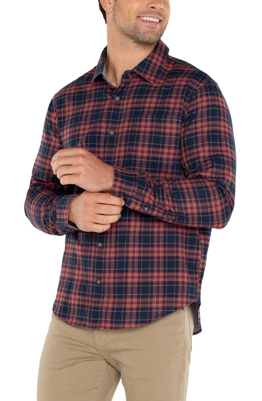 Long Sleeve Button Up Shirt - Red/Navy Plaid