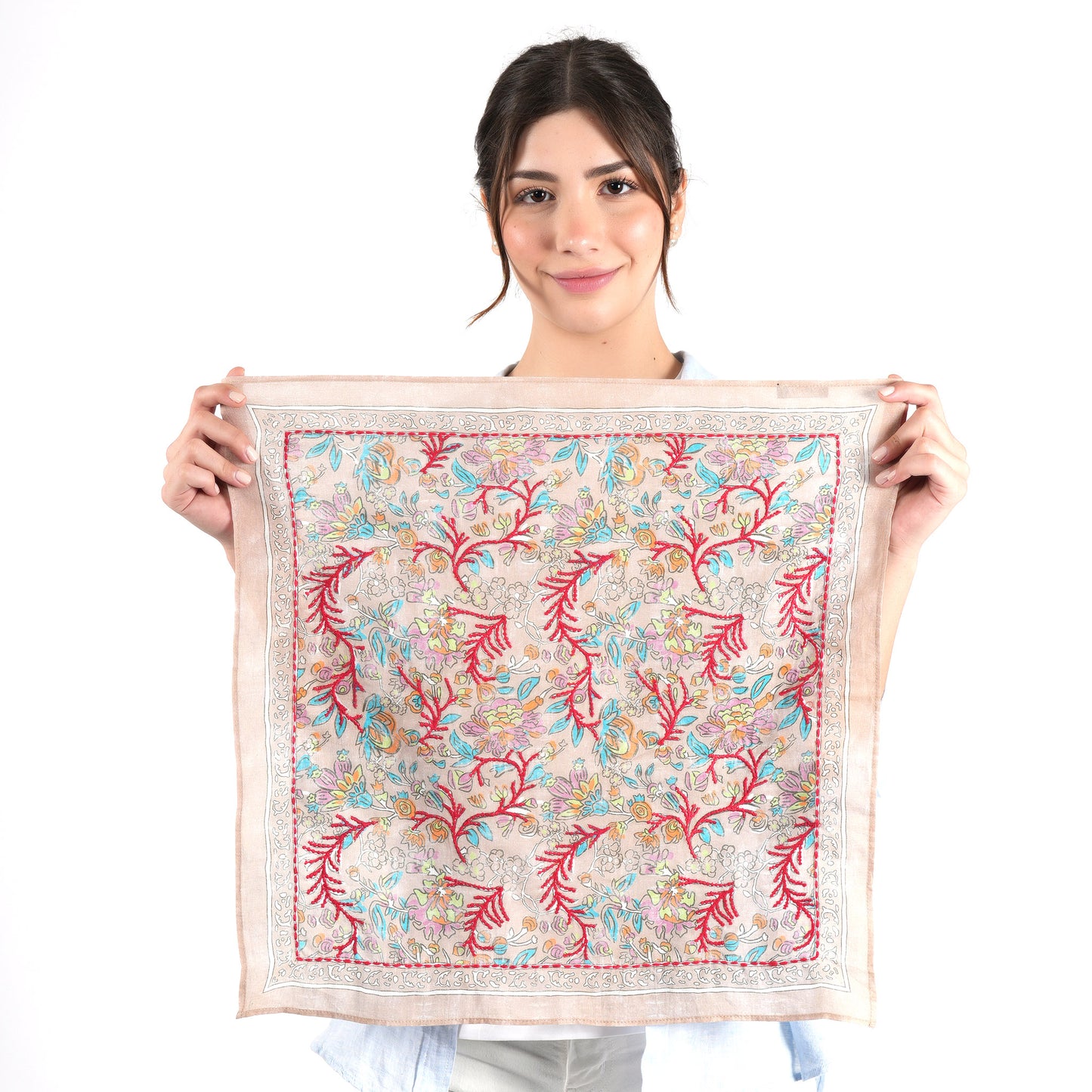 Beige Floral Cotton Square Scarf
