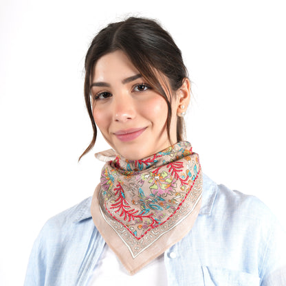 Beige Floral Cotton Square Scarf