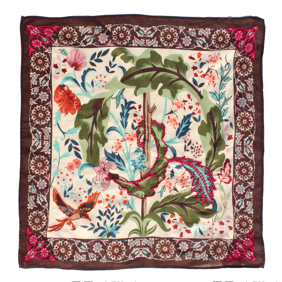 Green Leaf Print Cotton Square Scarf