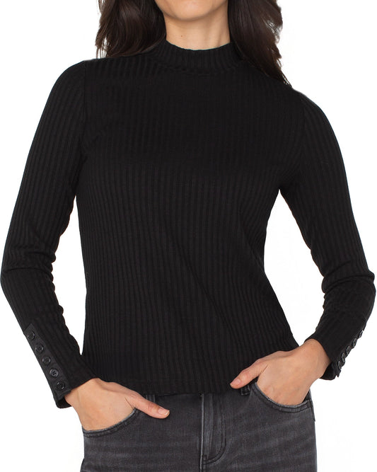 Long Sleeve Mock Rib Top in Black | Liverpool