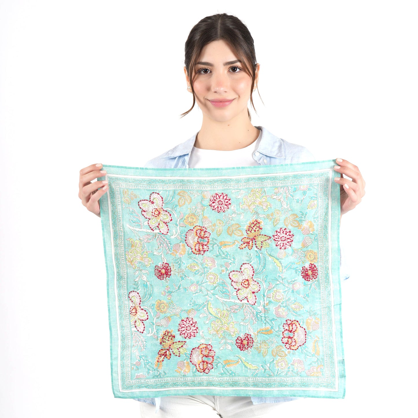 Teal Vintage Floral Cotton Square Scarf