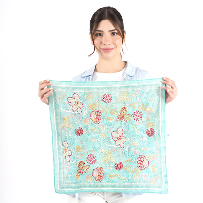 Teal Vintage Floral Cotton Square Scarf