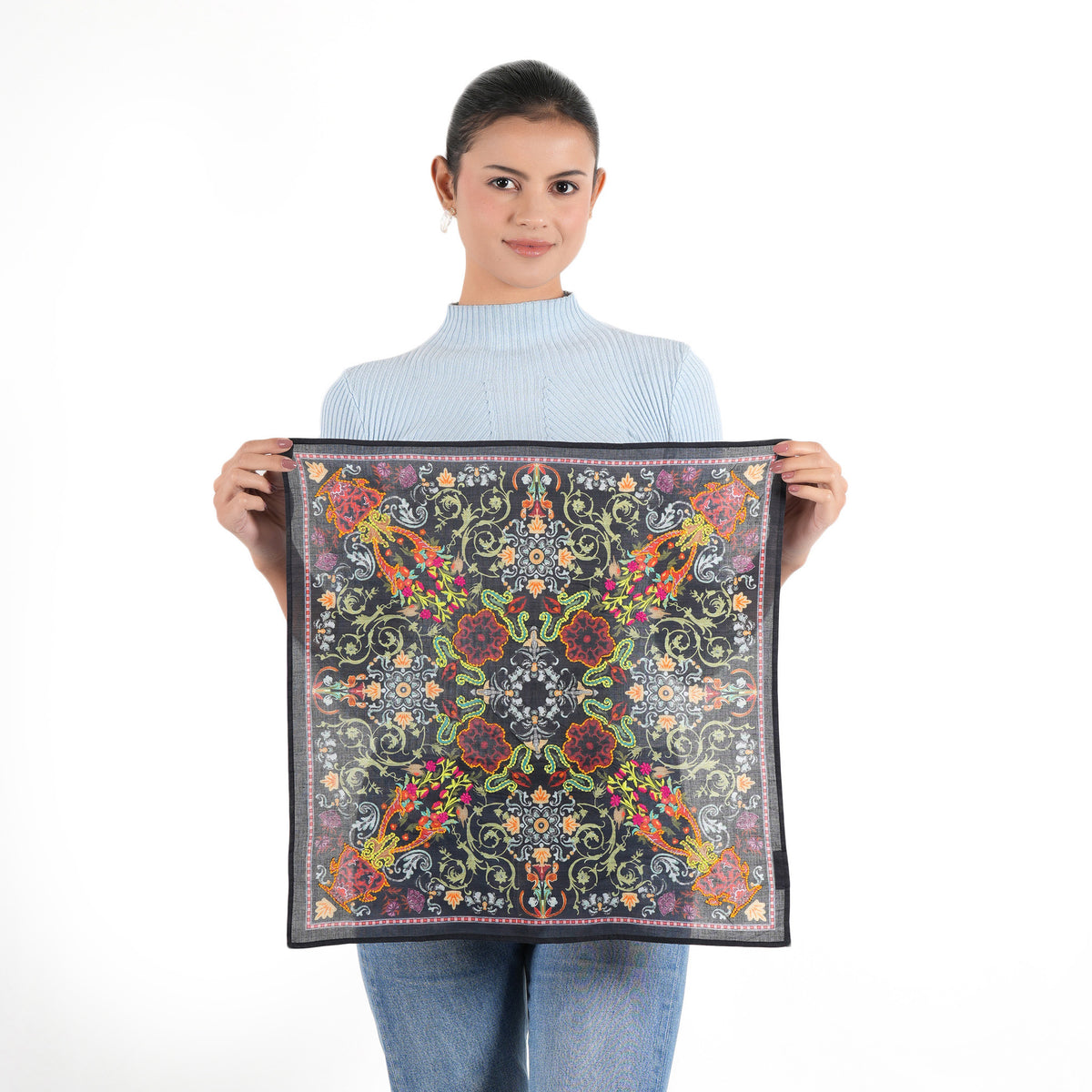 Black Kaliedescope Cotton Square Scarf