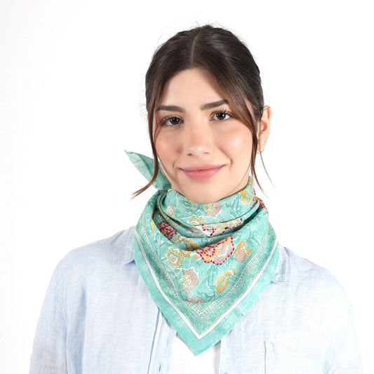 Teal Vintage Floral Cotton Square Scarf