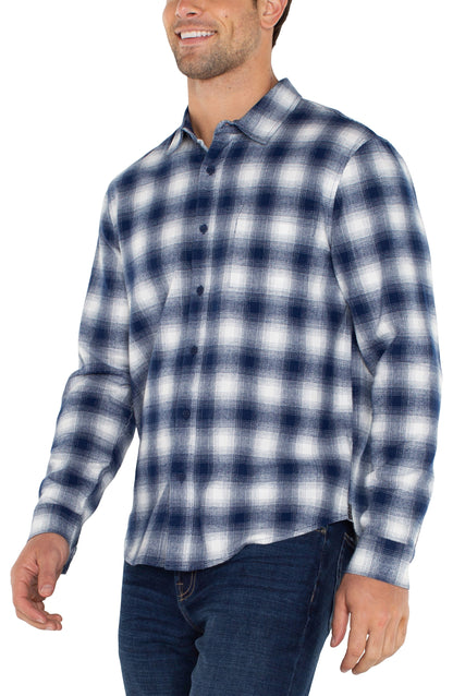 Long Sleeve Button Up Shirt - White/Navy Plaid