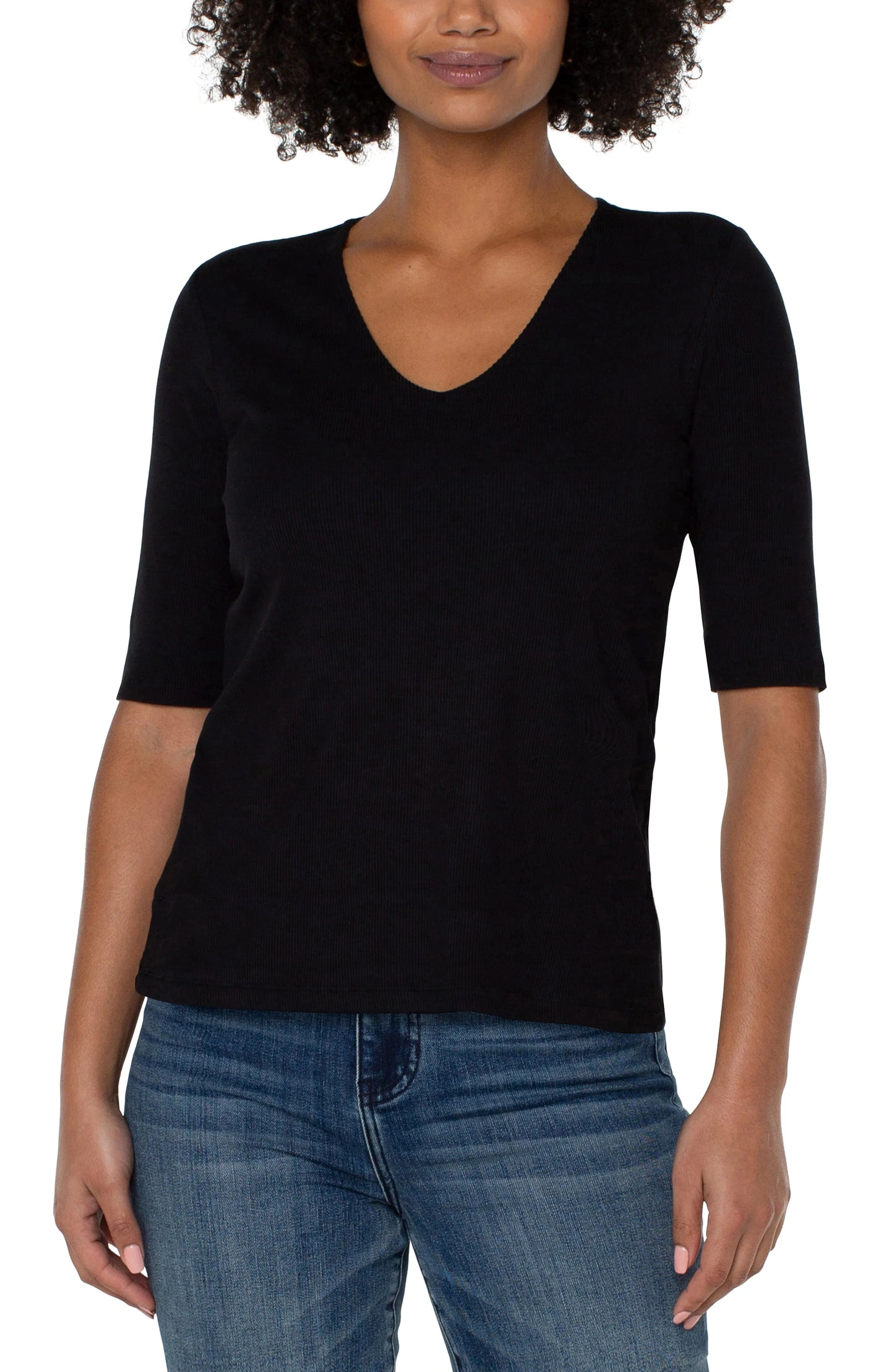 Elbow Sleeve Double Knit V-Neck Top in Black | Liverpool