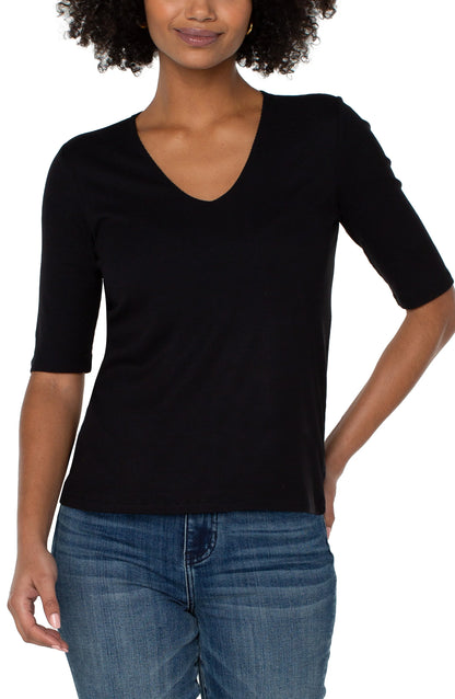 Elbow Sleeve Double Knit V-Neck Top in Black | Liverpool
