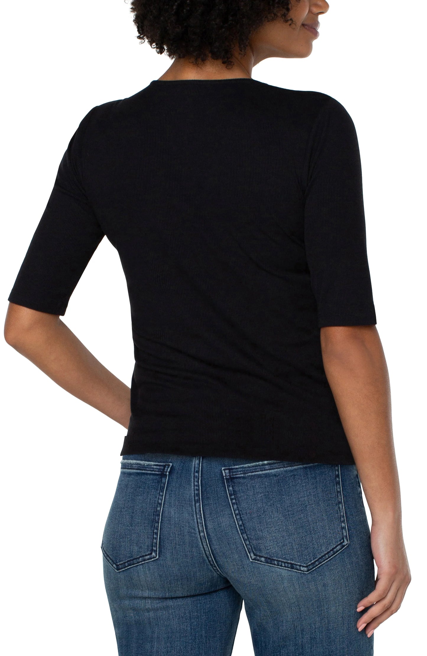 Elbow Sleeve Double Knit V-Neck Top in Black | Liverpool