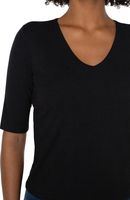 Elbow Sleeve Double Knit V-Neck Top in Black | Liverpool
