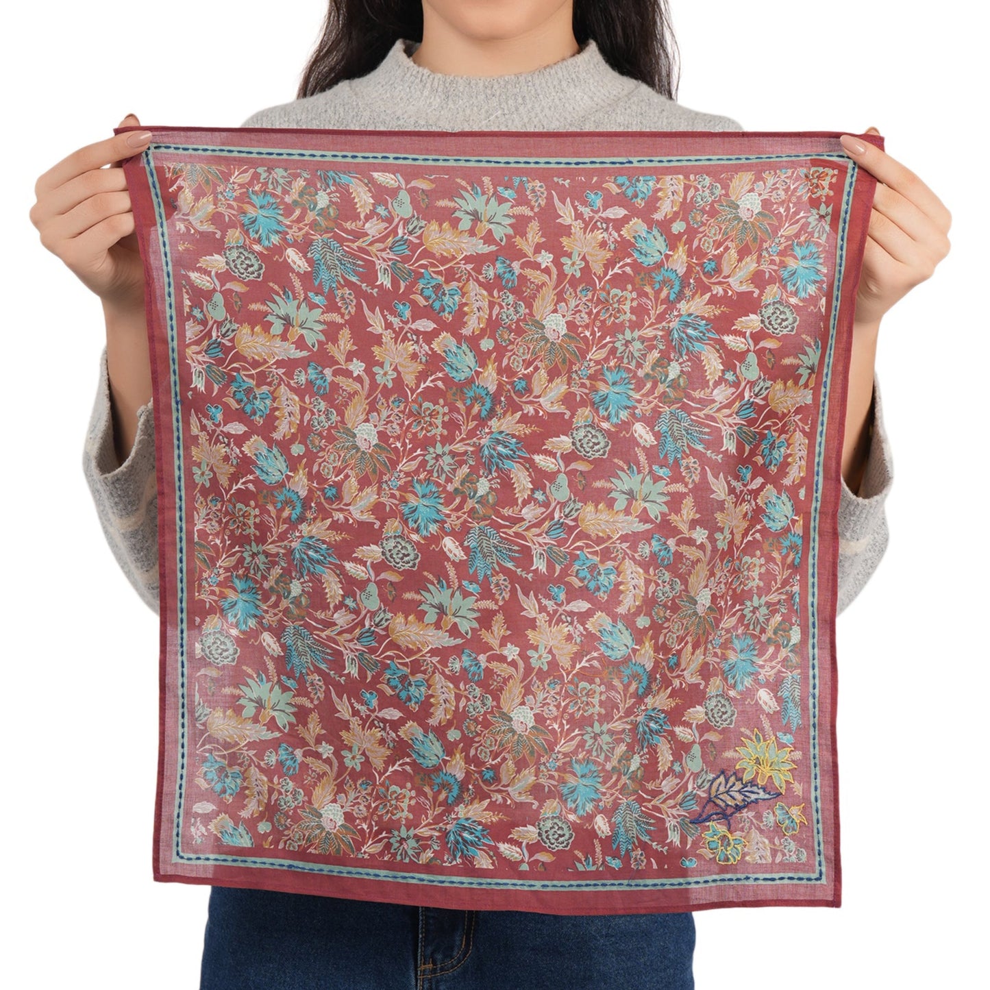 Terracotta Floral Cotton Square Scarf