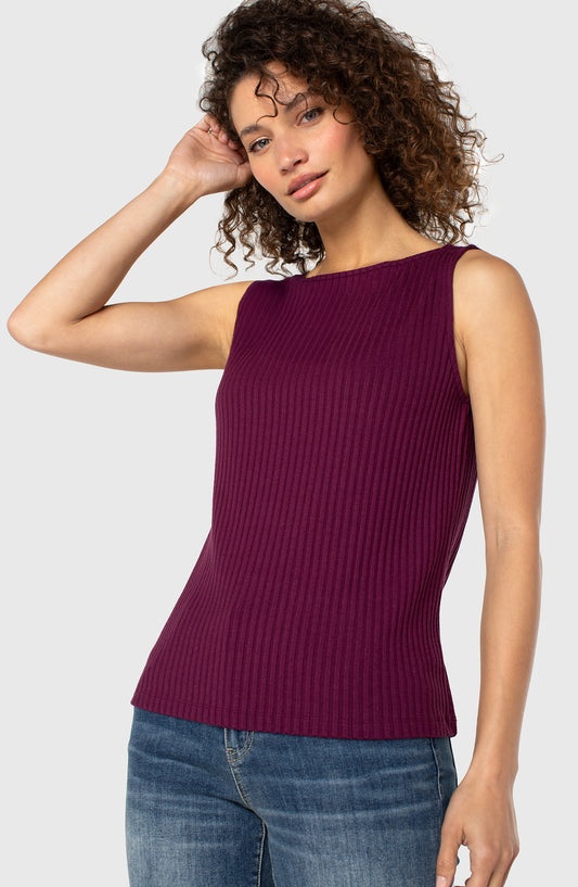 Sleeveless Boat Neck Rib Knit Top in Wine | Liverpool