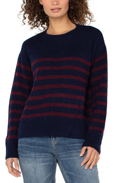 Crew Sweater in Navy & Burgundy Stripe | Liverpool