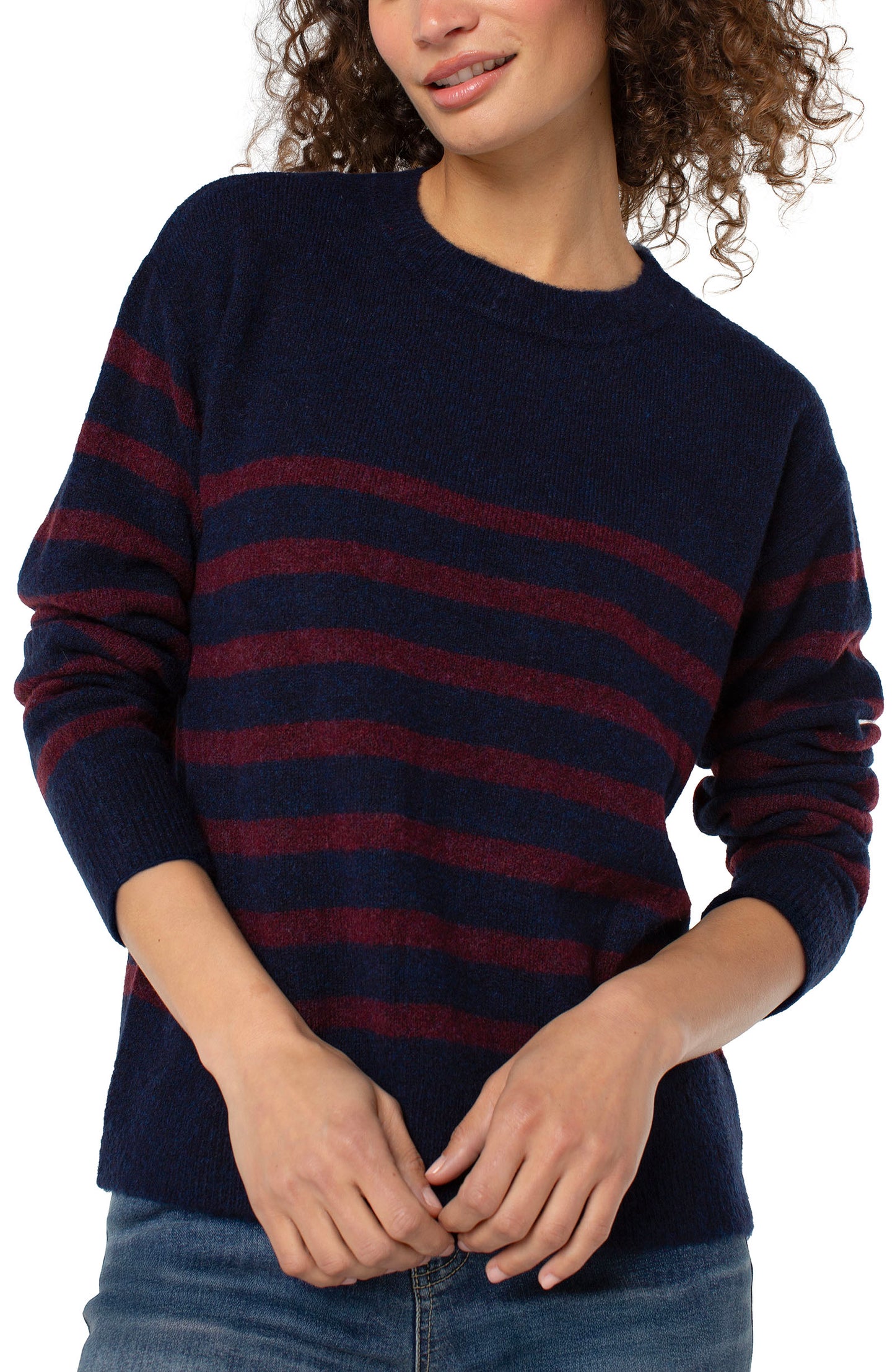 Crew Sweater in Navy & Burgundy Stripe | Liverpool
