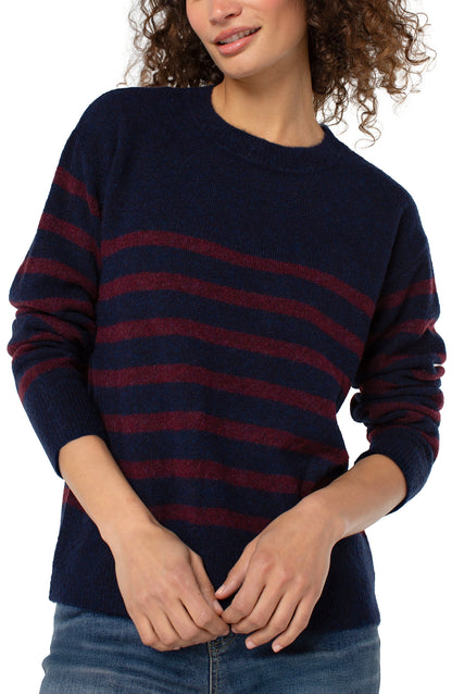 Crew Sweater in Navy & Burgundy Stripe | Liverpool