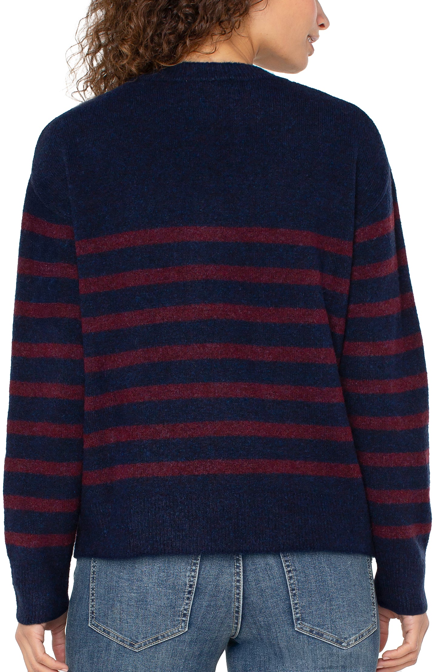 Crew Sweater in Navy & Burgundy Stripe | Liverpool