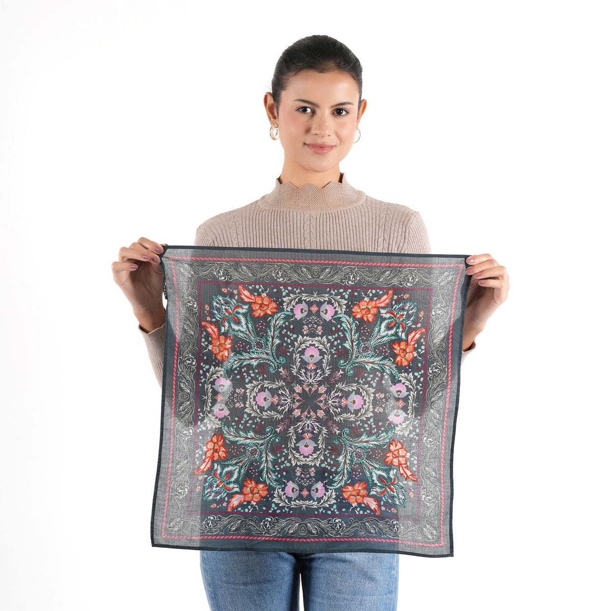 Black Leaf Cotton Square Scarf