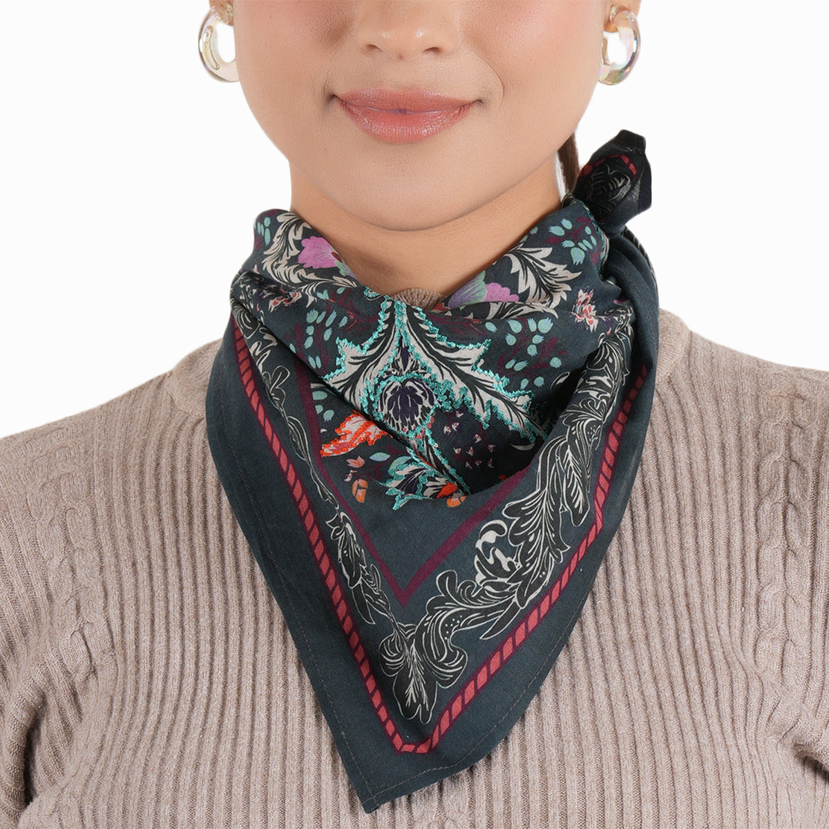 Black Leaf Cotton Square Scarf