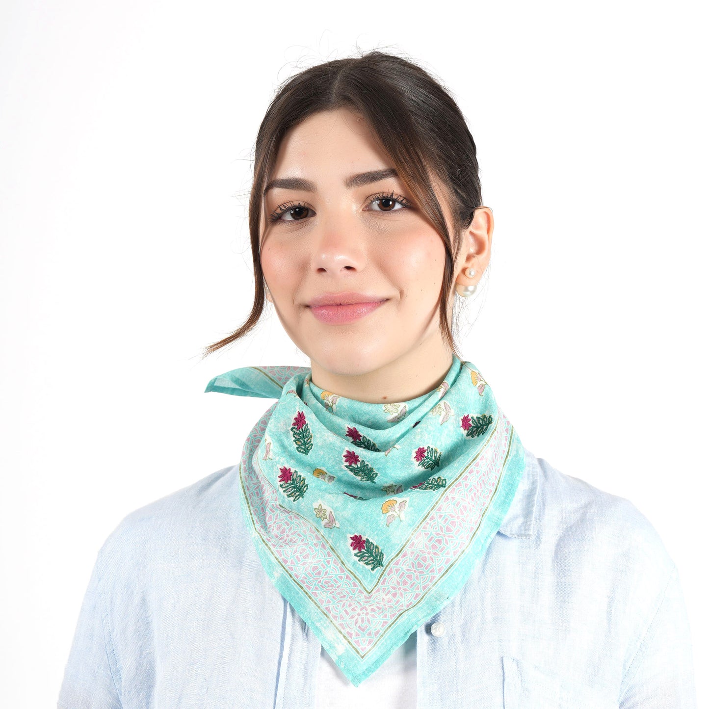 Turquoise Flower Cotton Square Scarf