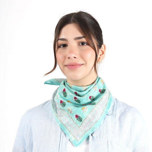 Turquoise Flower Cotton Square Scarf