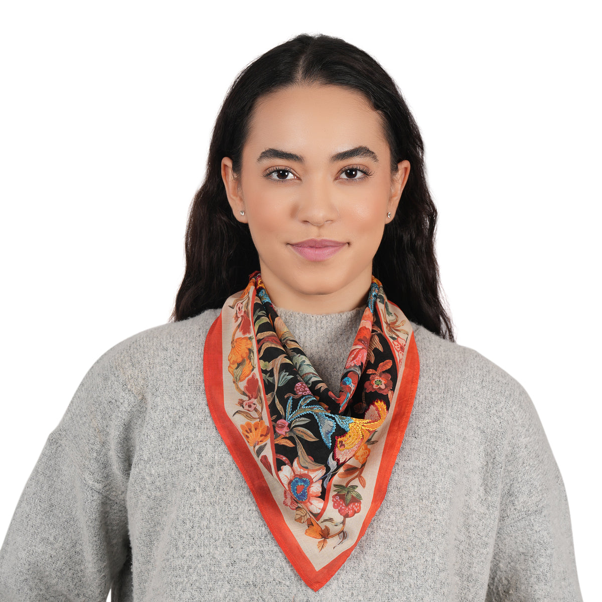 Black Floral Cotton Square Scarf