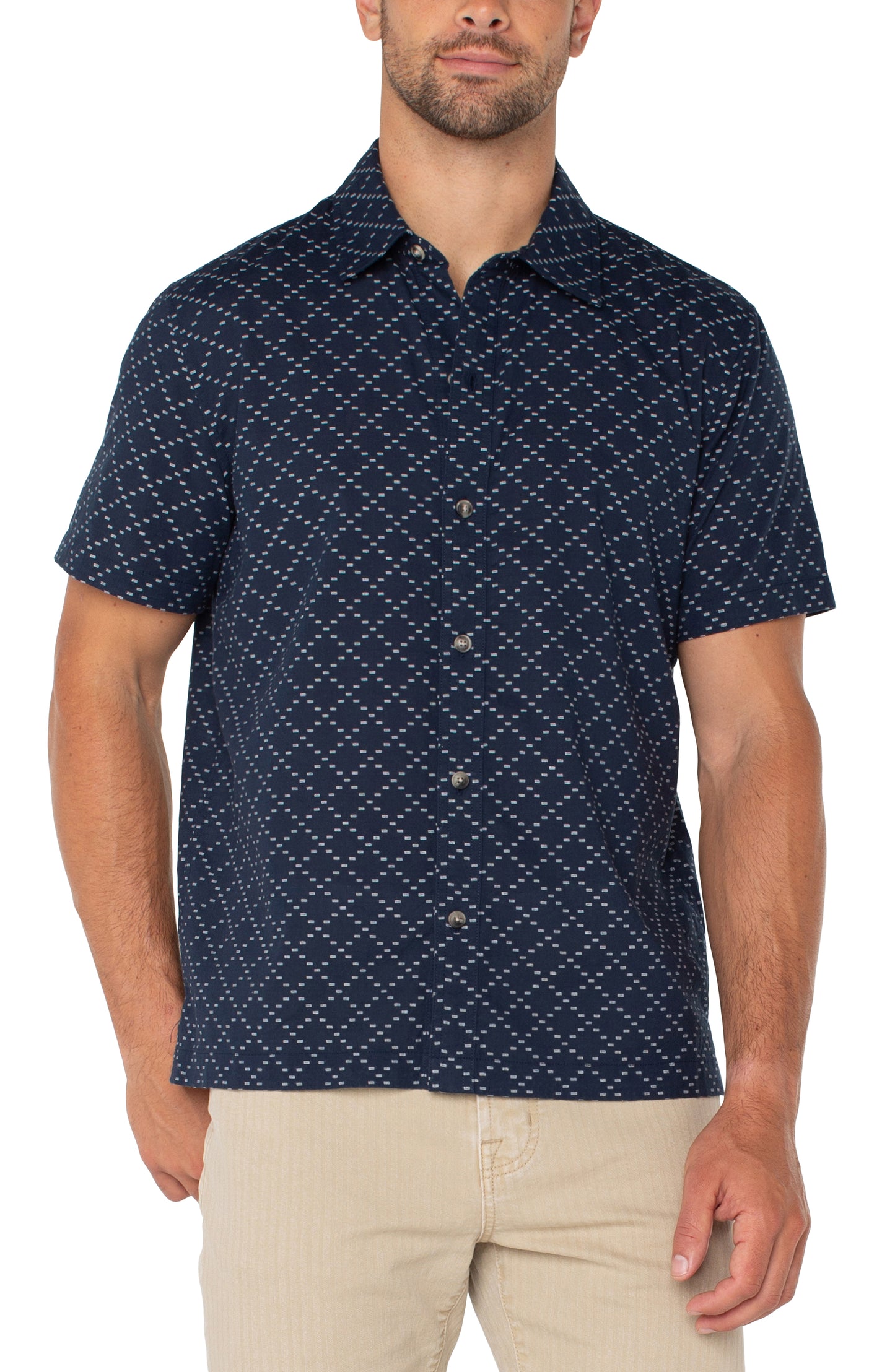 Short Sleeve Button Up in Navy Clipped Dot | Liverpool