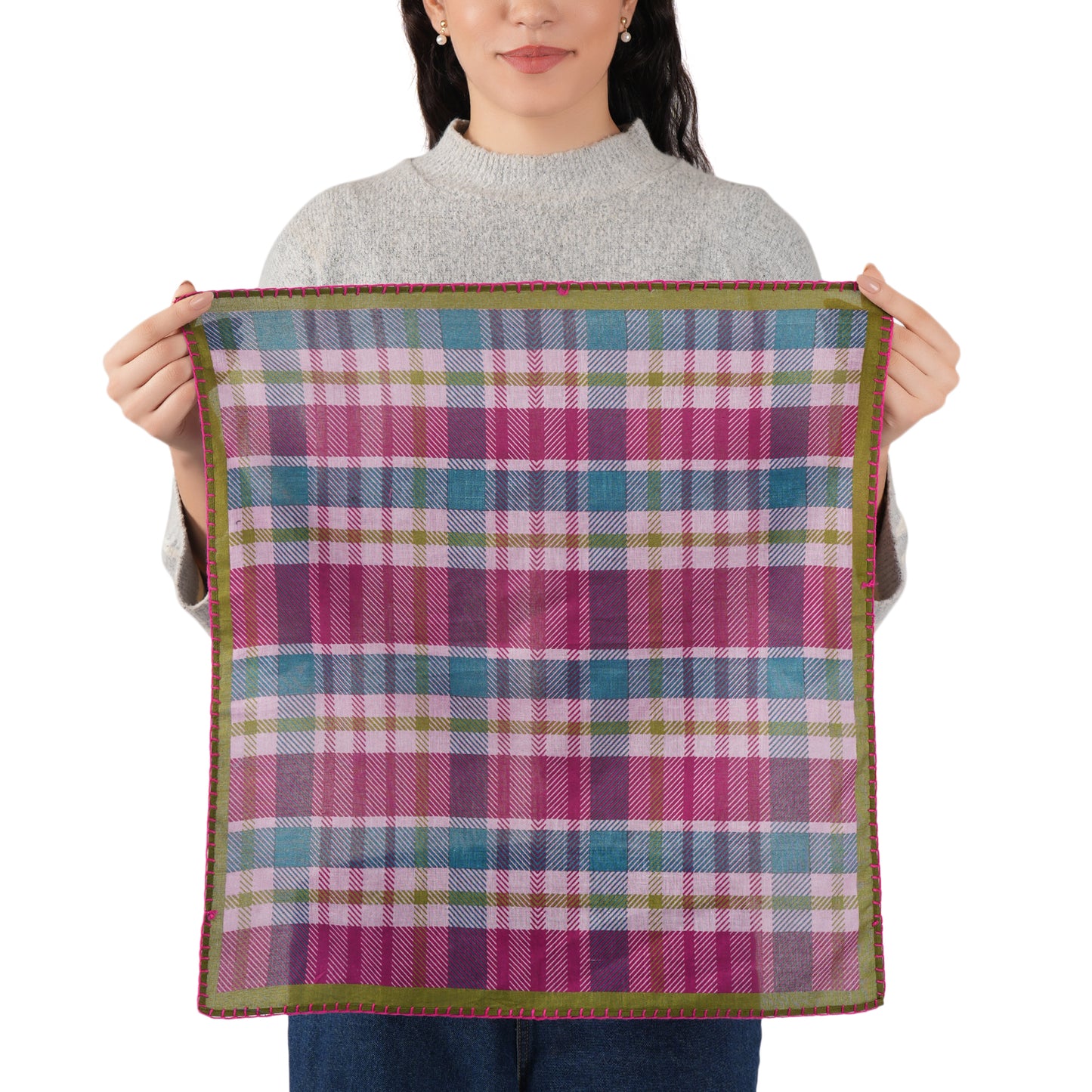 Magenta Plaid Cotton Square Scarf