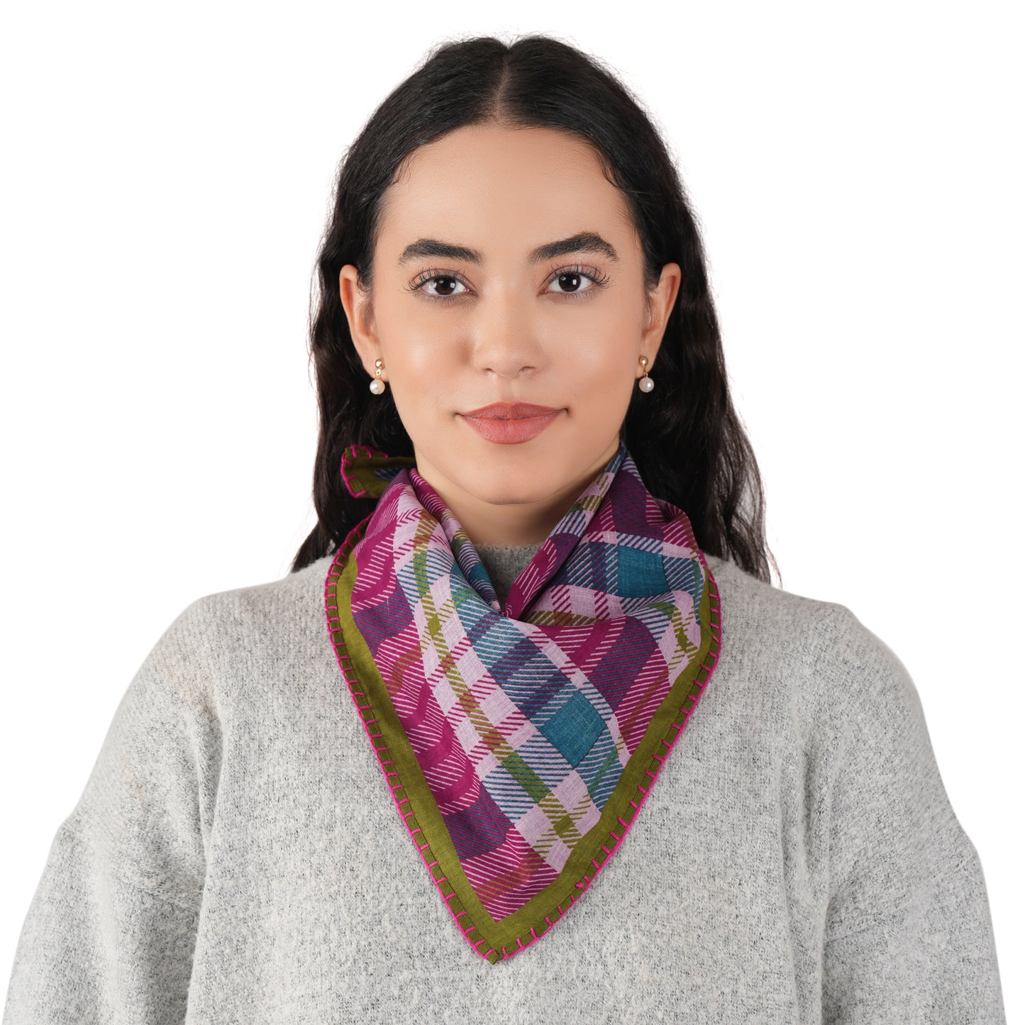 Magenta Plaid Cotton Square Scarf