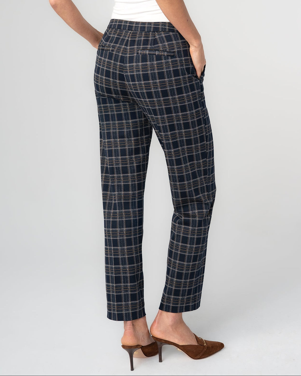 Kayla Pull On Trouser in Navy Plaid | Liverpool
