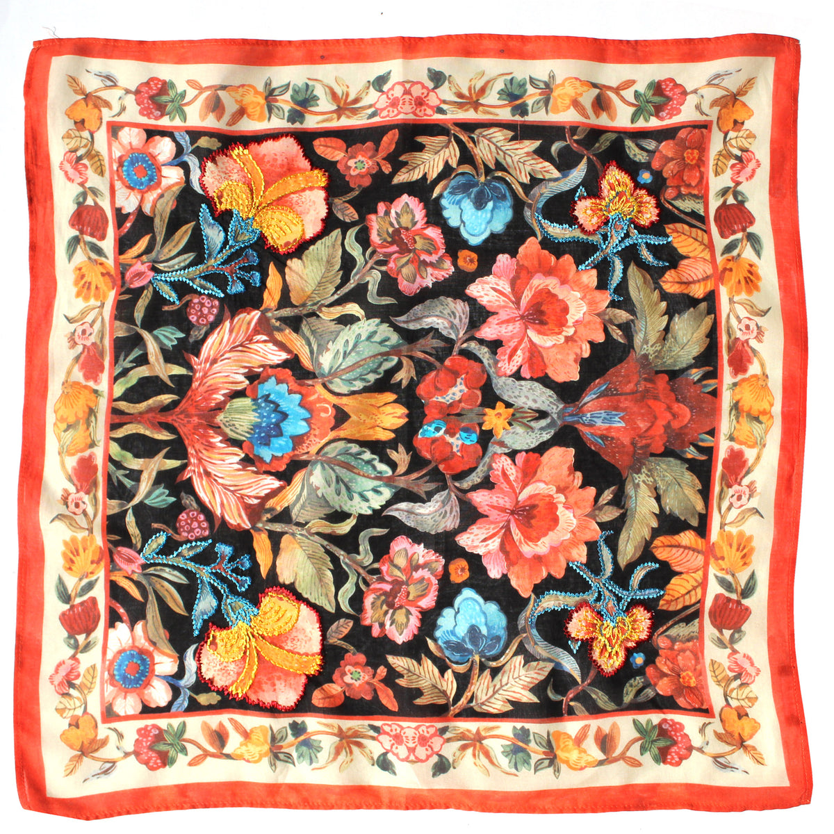 Black Floral Cotton Square Scarf
