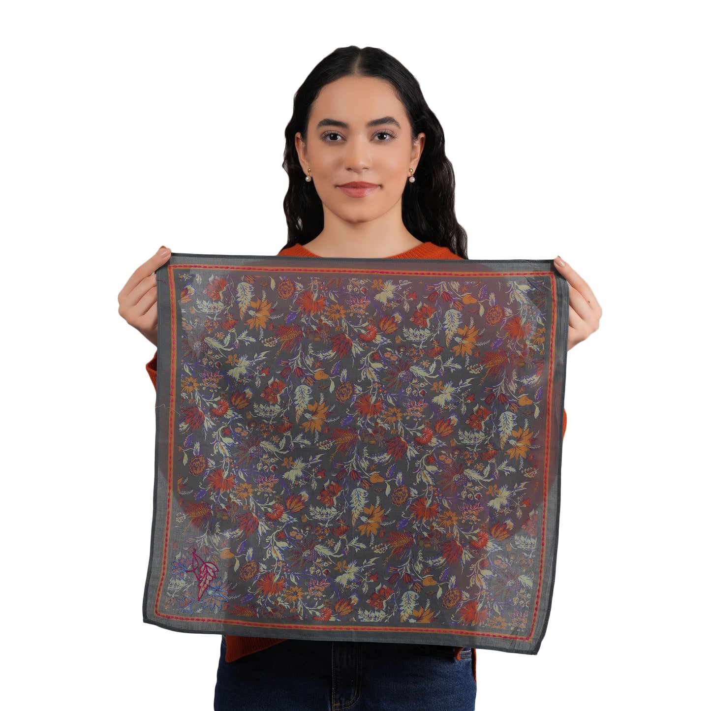 Charcoal Floral Cotton Square Scarf