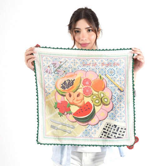 Fruit Cotton Square Scarf with Crochet Border