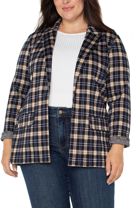 Plus Size Boyfriend Blazer in Dark Navy Tartan Plaid