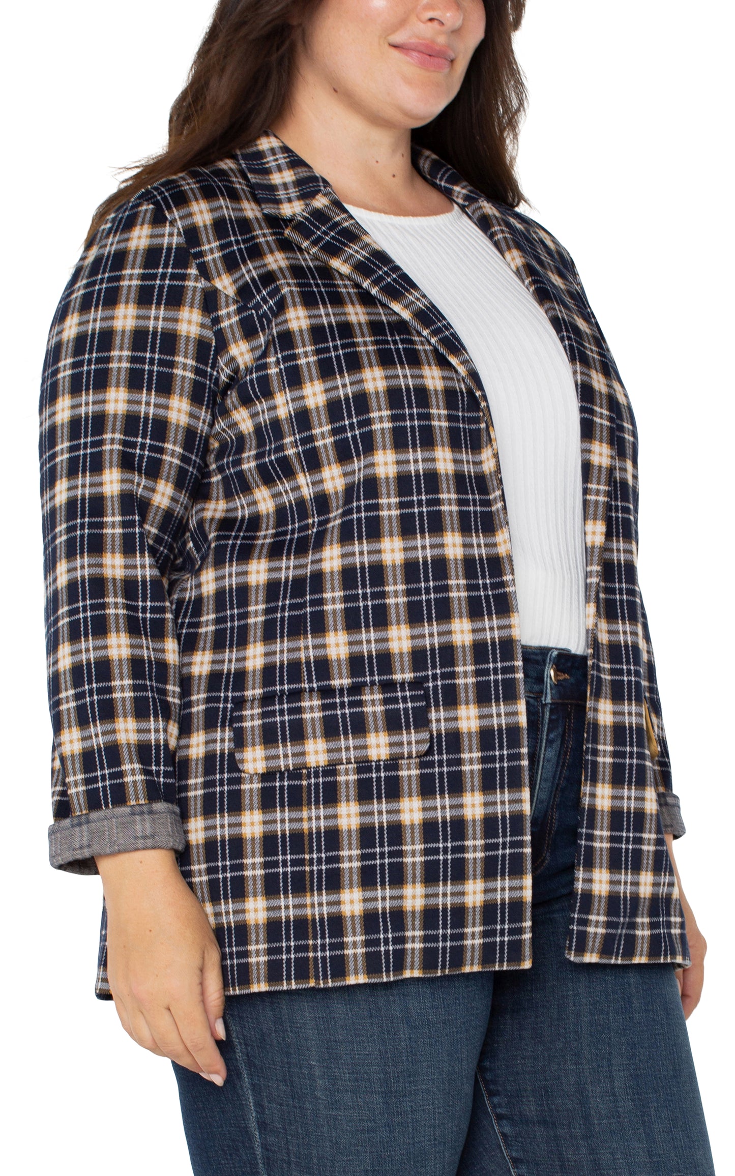 Plus Size Boyfriend Blazer in Dark Navy Tartan Plaid