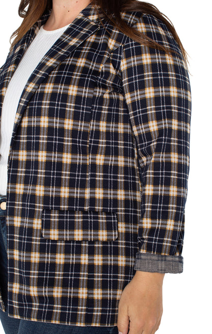 Plus Size Boyfriend Blazer in Dark Navy Tartan Plaid