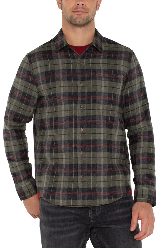 Long Sleeve Button Up Shirt in Olive/Black Plaid