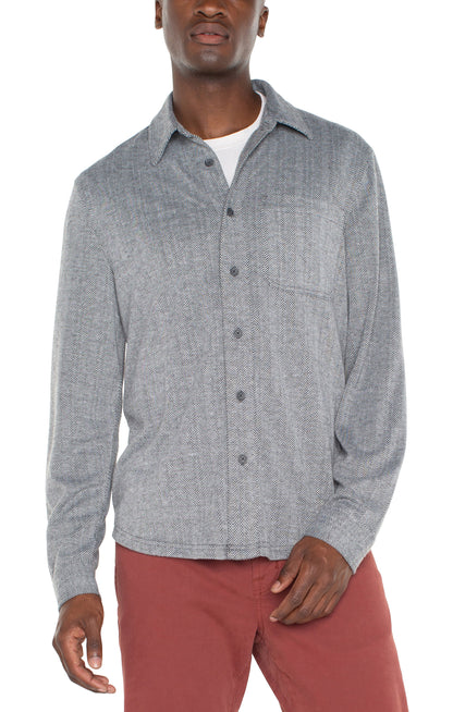 Knit Long Sleeve Button Up Shirt in Grey Herringbone