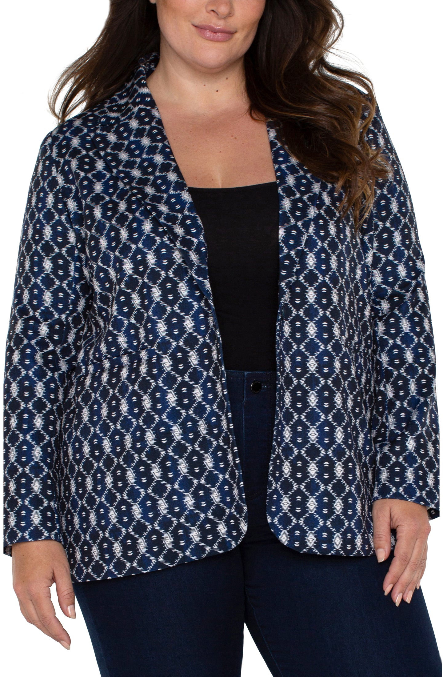 Plus Size Boyfriend Blazer in Navy Batik Print