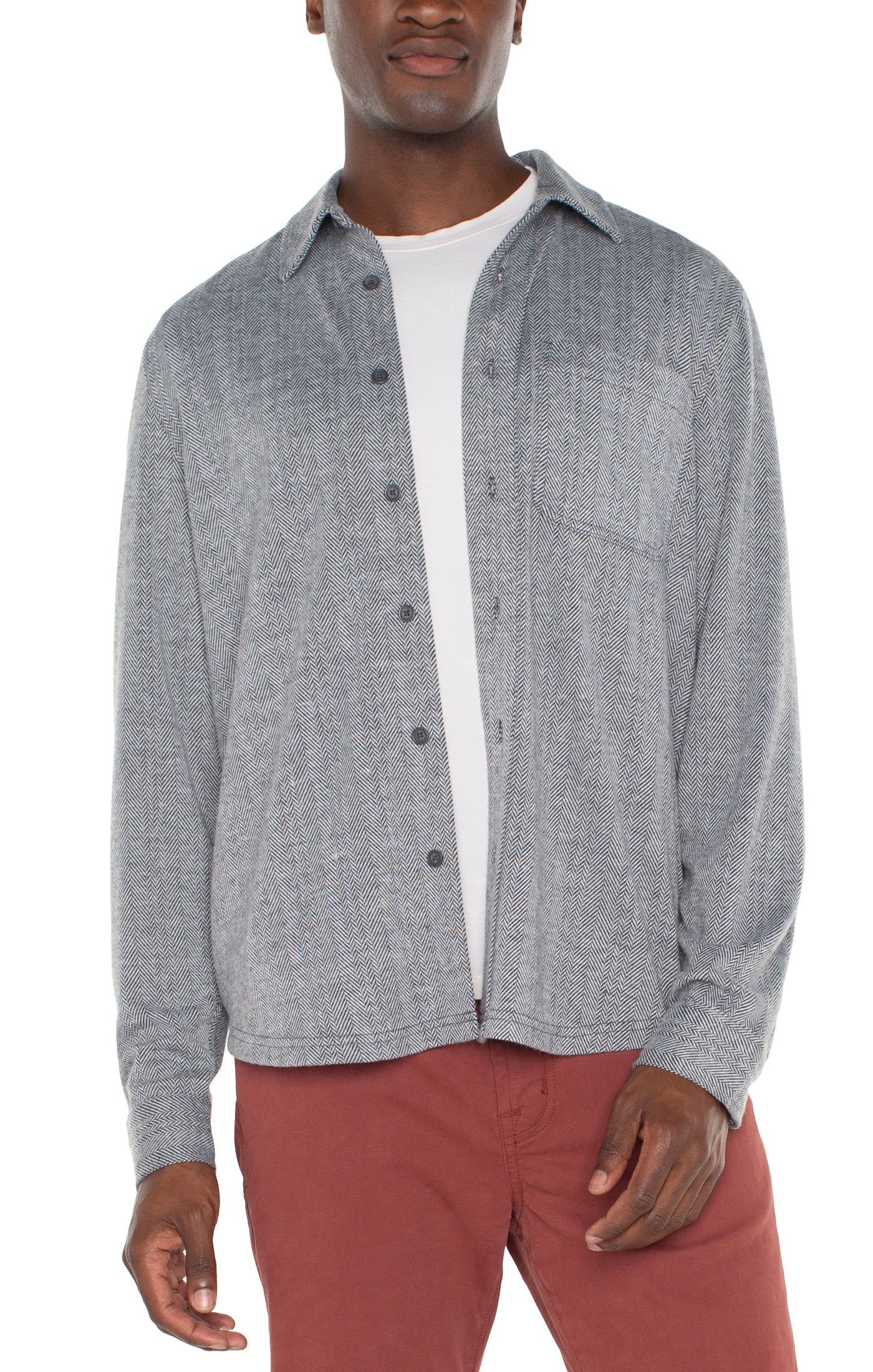 Knit Long Sleeve Button Up Shirt in Grey Herringbone