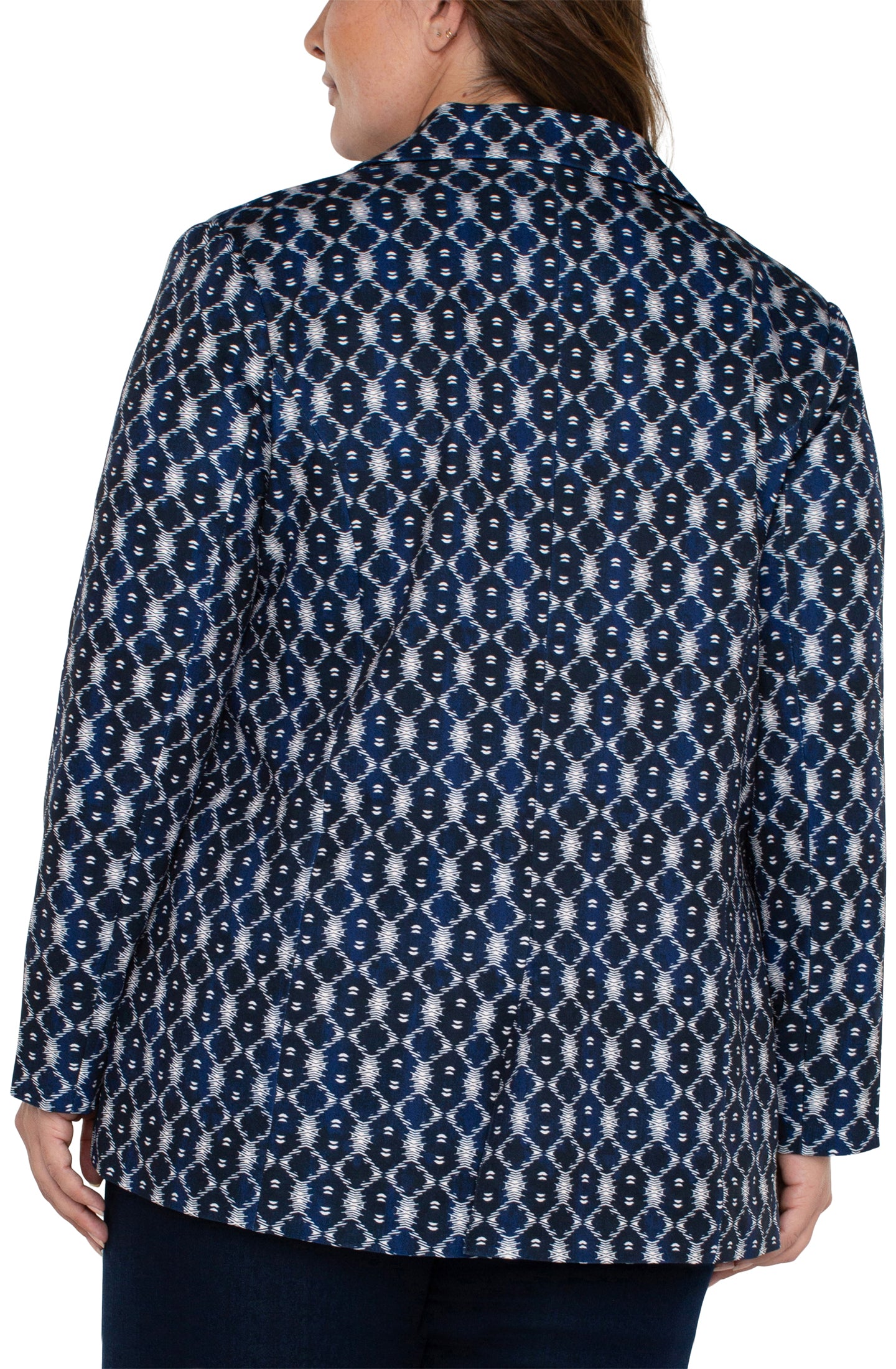 Plus Size Boyfriend Blazer in Navy Batik Print