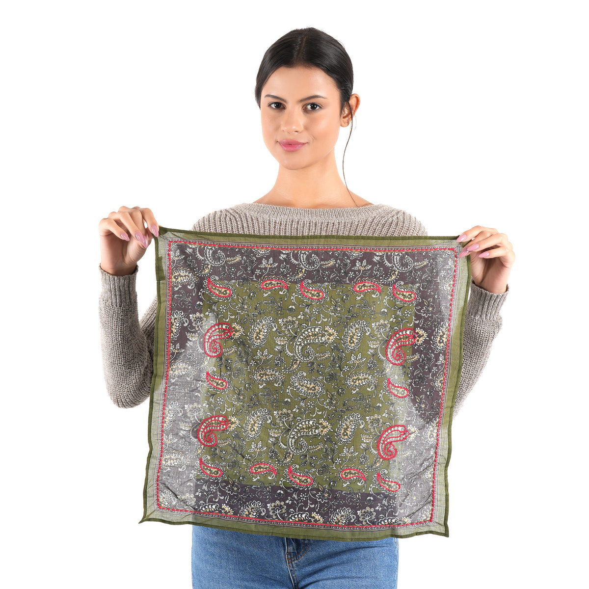 Olive Paisley Cotton Square Scarf