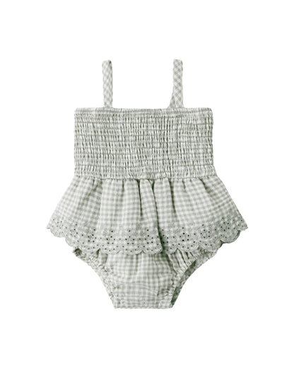 Sage Check Smocked Romper