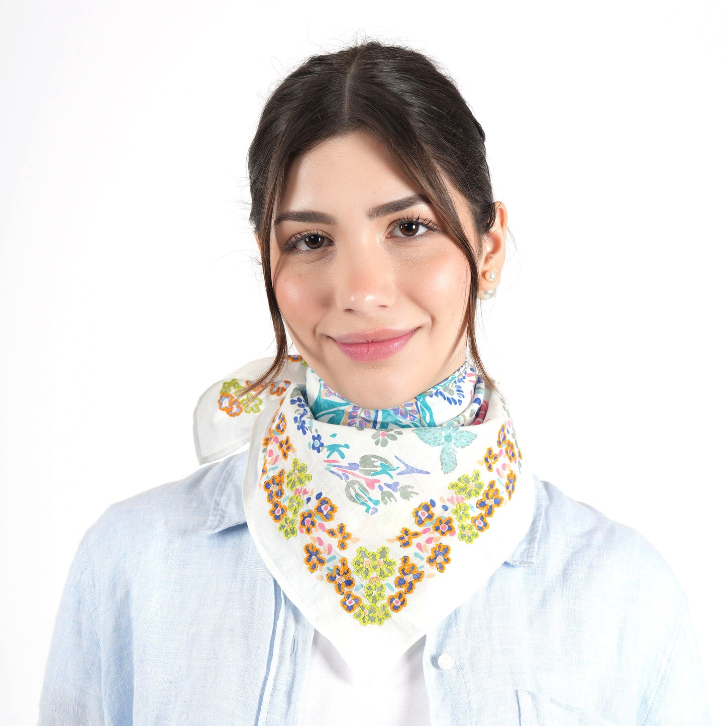 White Floral Cotton Square Scarf