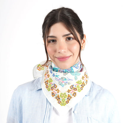 White Floral Cotton Square Scarf